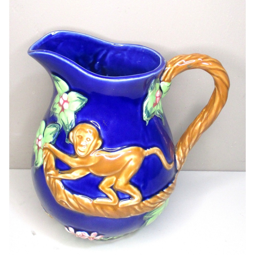 Cobalt Blue Majolica Monkey Pitcher Ceramic Jungle Theme Relief Vase 8.5in